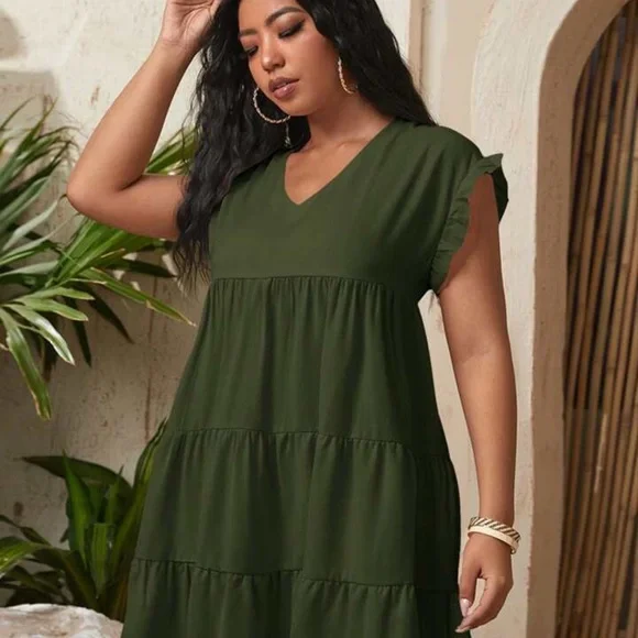 SHEIN Unity Curve Solid V-Neck Army Green Smock Dress 4XL - Picture 4 of 11